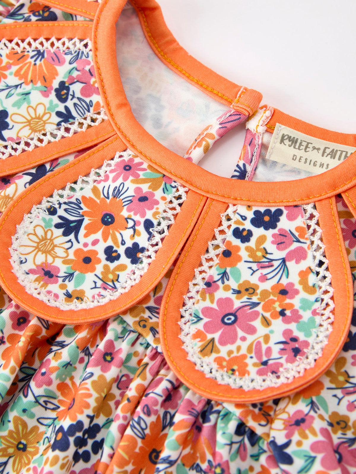 Three Little Tots Orange Floral Bow Petals Collar Girls Romper, extra product detail