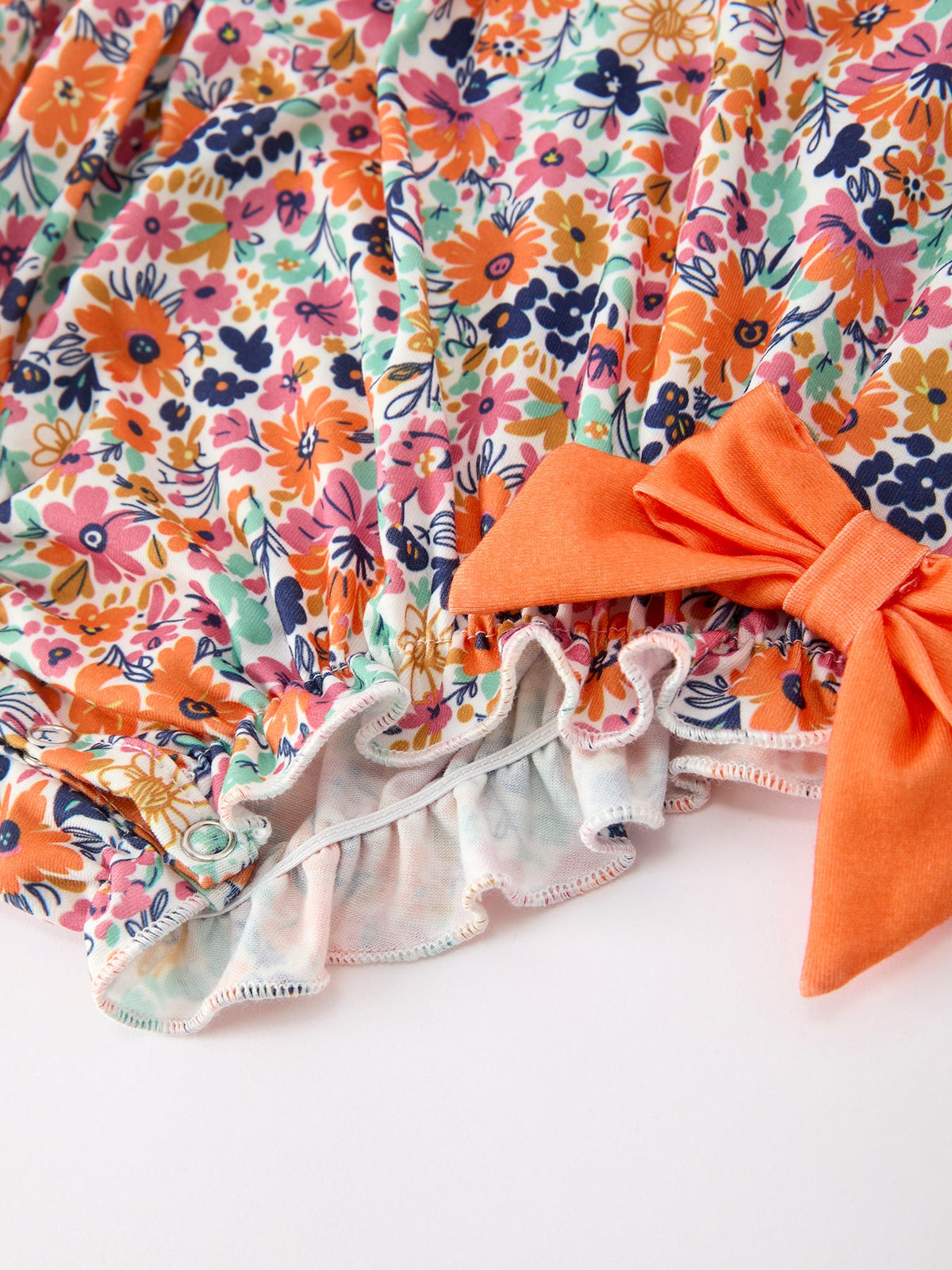 Three Little Tots Orange Floral Bow Petals Collar Girls Romper, alternate angle