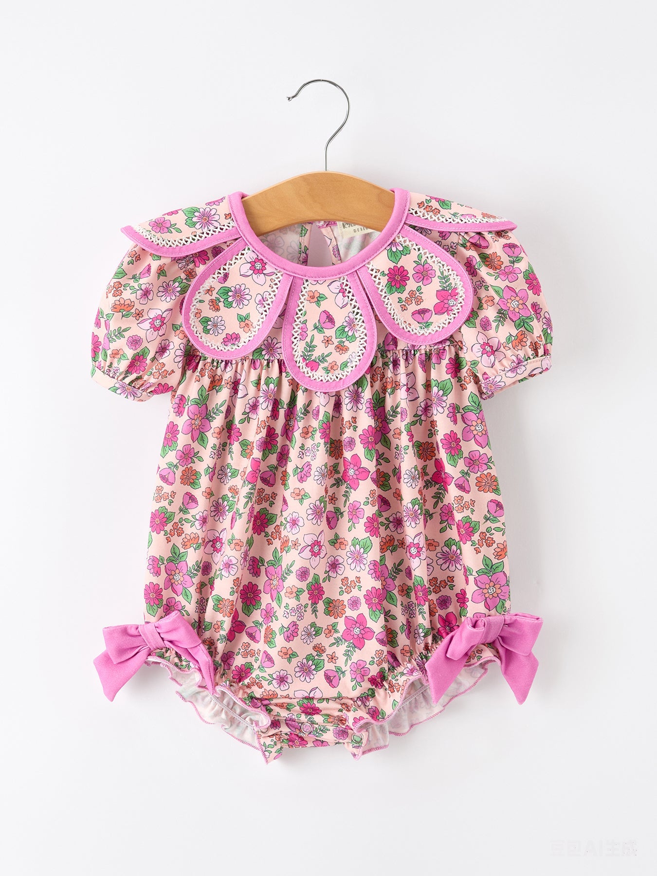Three Little Tots Pink Floral Bow Petals Collar Girls Romper