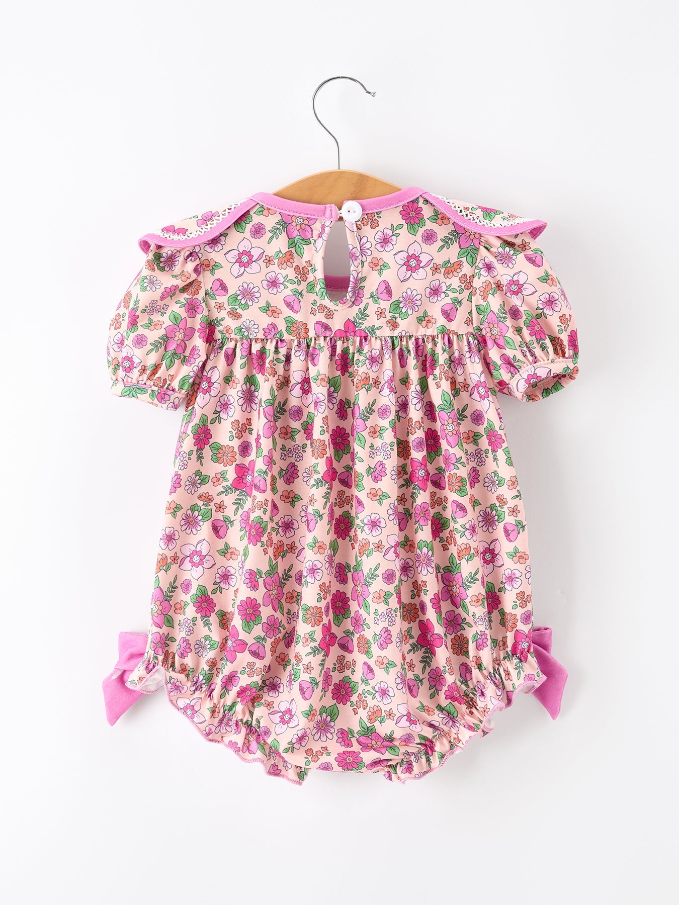 Three Little Tots Pink Floral Bow Petals Collar Girls Romper, additional product photo