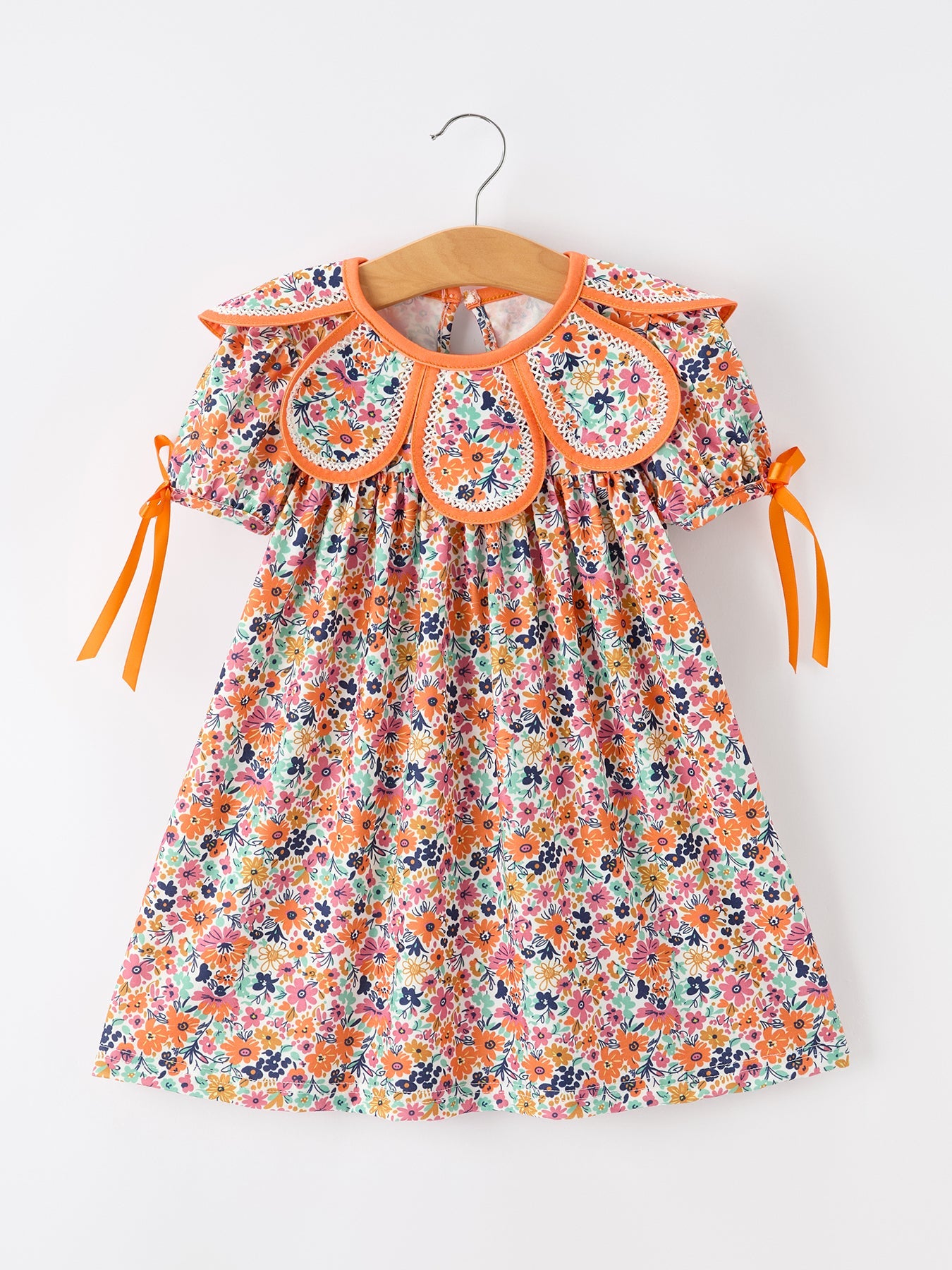 Three Little Tots Orange Floral Bow Petals Collar Girls Dress