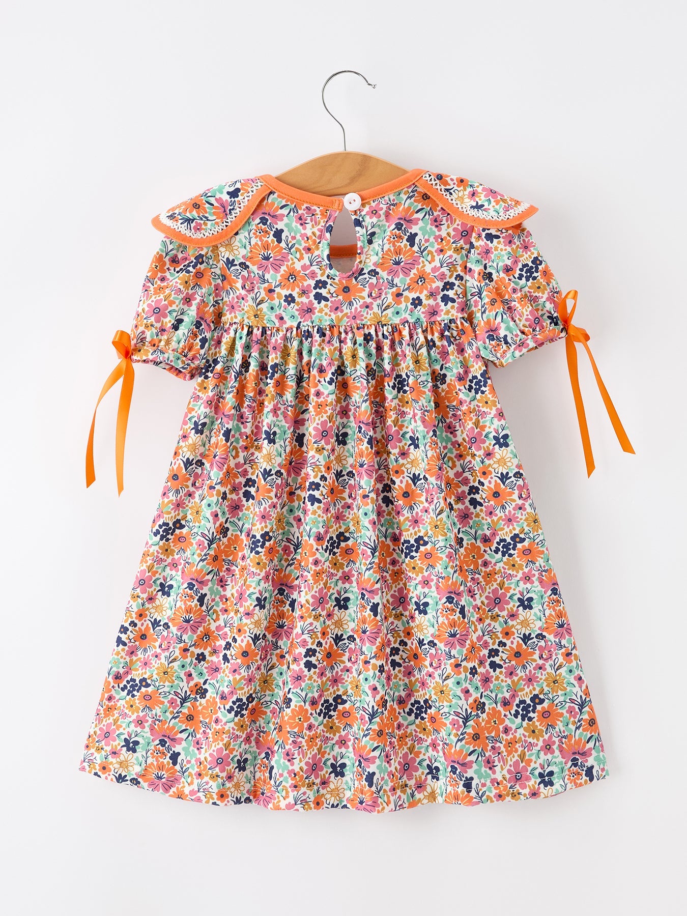 Three Little Tots Orange Floral Bow Petals Collar Girls Dress, additional product photo