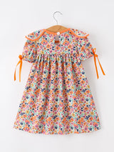 Three Little Tots Orange Floral Bow Petals Collar Girls Dress, additional product photo