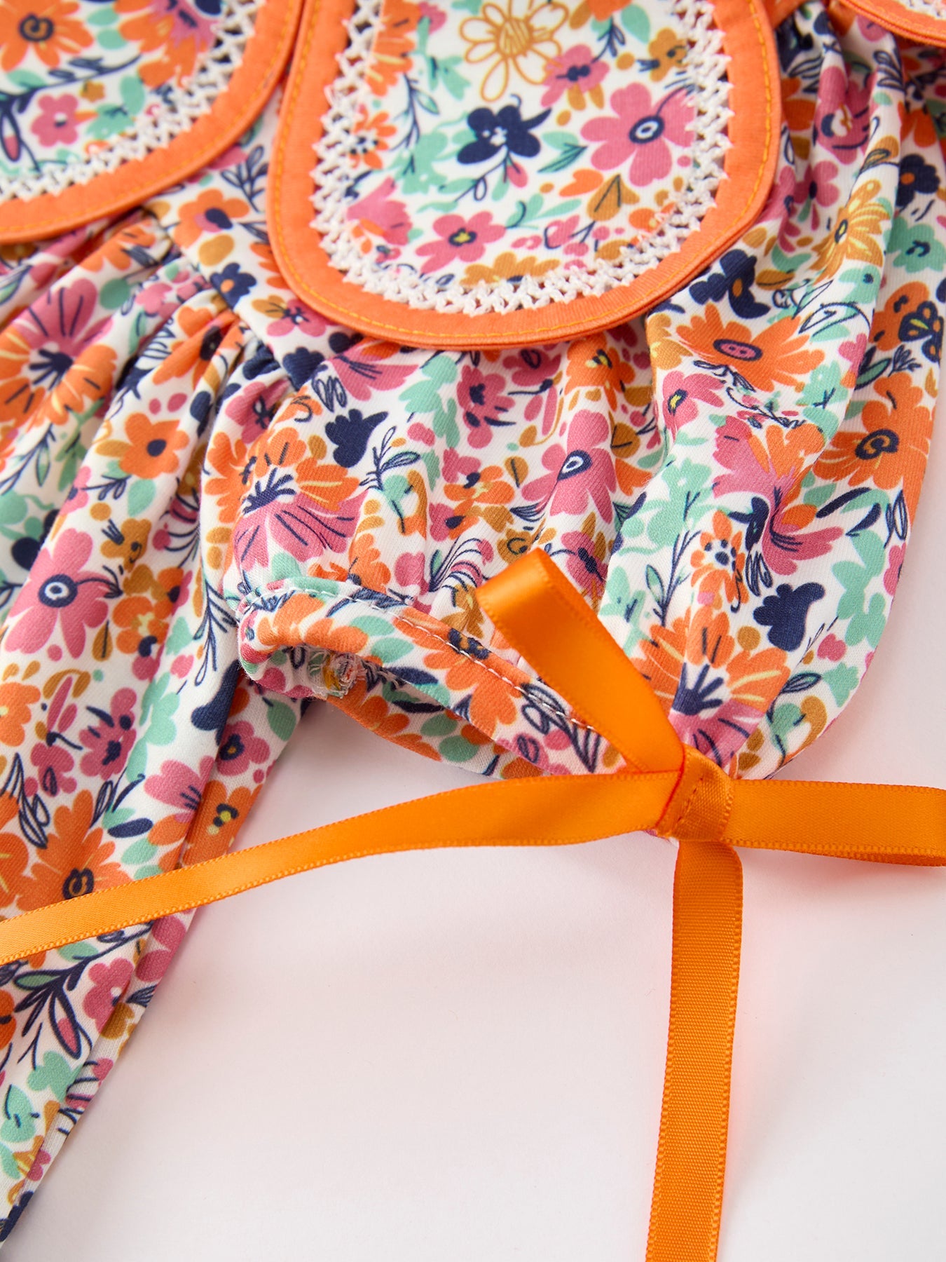 Three Little Tots Orange Floral Bow Petals Collar Girls Dress, additional view