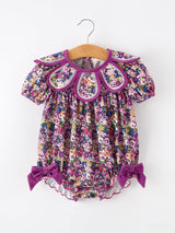 Purple Floral Bow Petals Collar Girls Romper