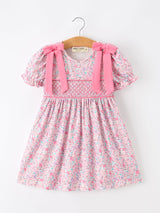 Pink Bow Smocked Floral Girl Dress