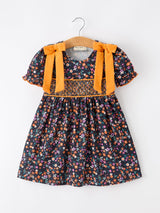 Fall Orange Bow Smocked Floral Girl Dress