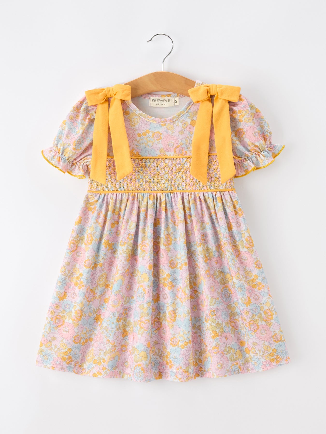Three Little Tots Yellow Bow Smocked Floral Girl Dress