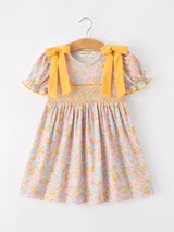 Three Little Tots Yellow Bow Smocked Floral Girl Dress