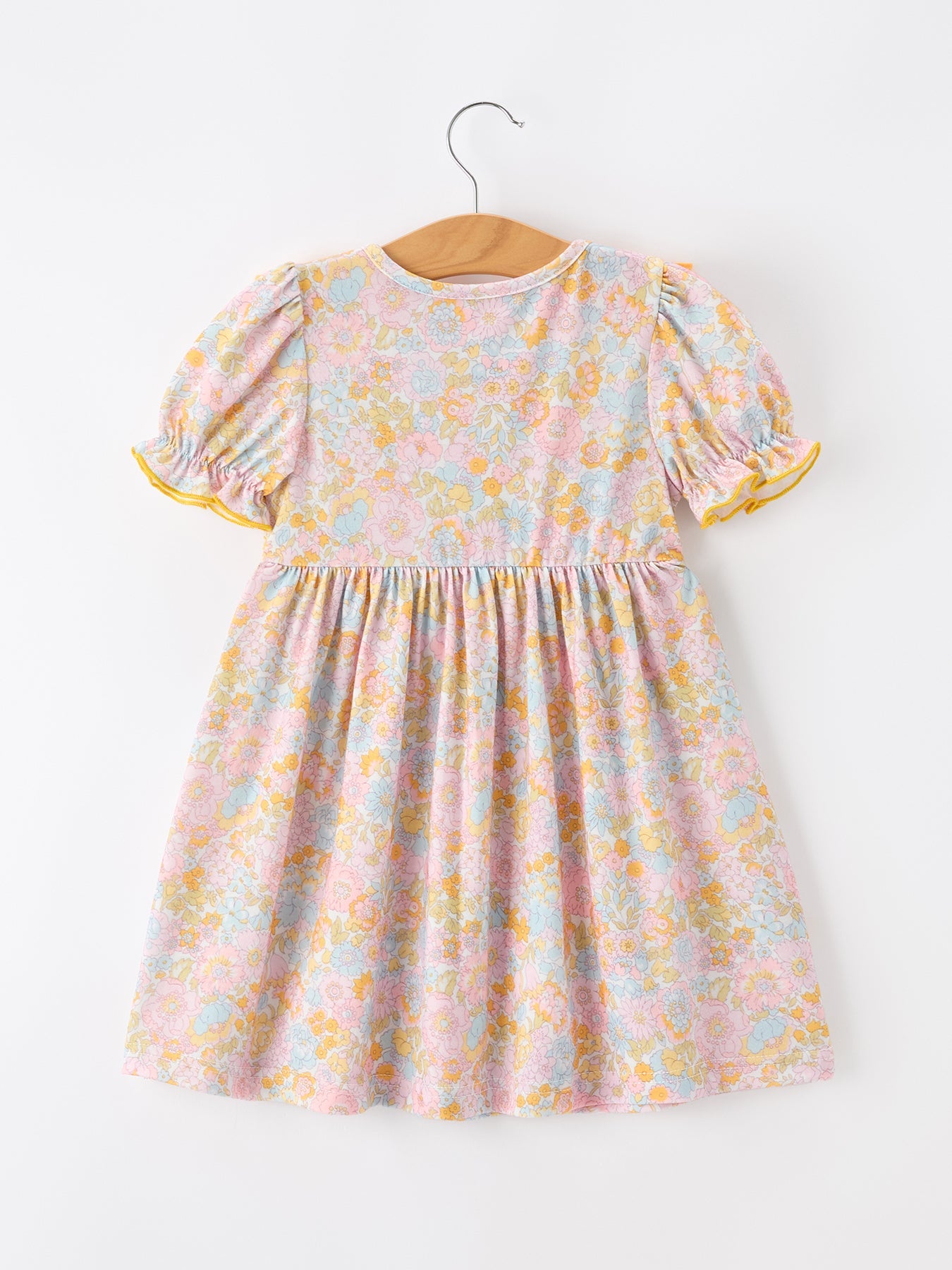 Three Little Tots Yellow Bow Smocked Floral Girl Dress, additional product photo