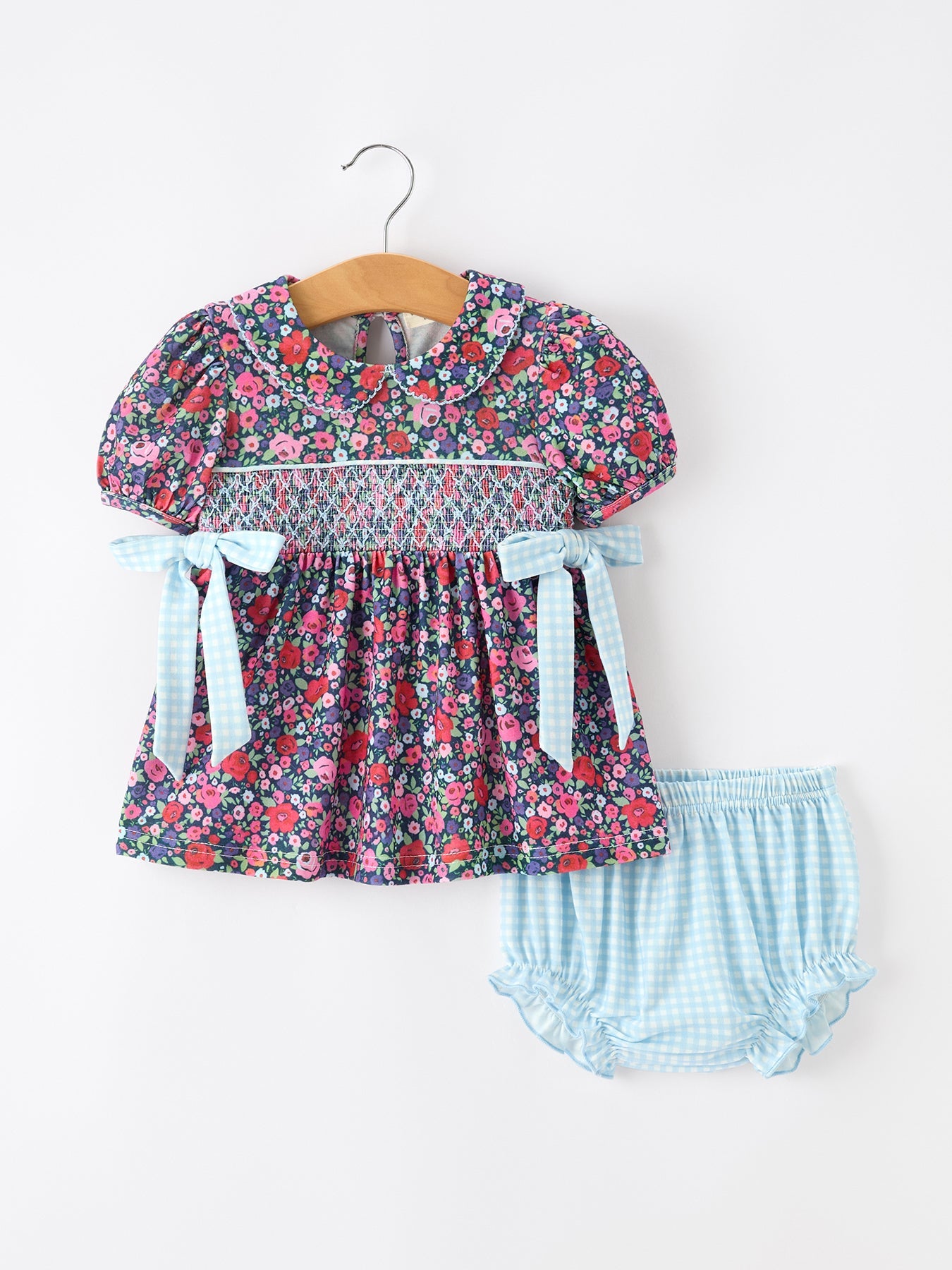 Three Little Tots Blue Bow Floral Smocked Girl Bloomer Set