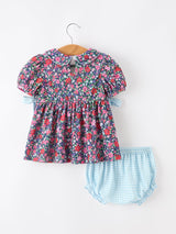 Three Little Tots Blue Bow Floral Smocked Girl Bloomer Set, additional product photo