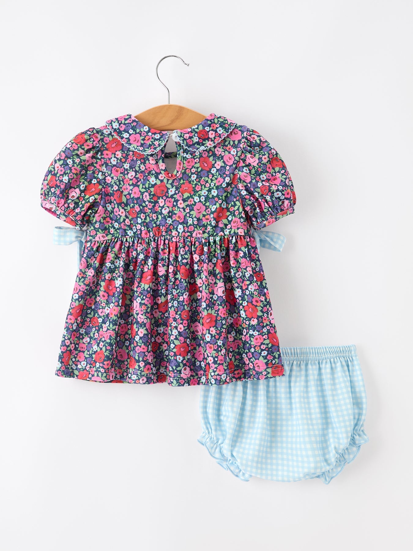 Three Little Tots Blue Bow Floral Smocked Girl Bloomer Set, additional product photo