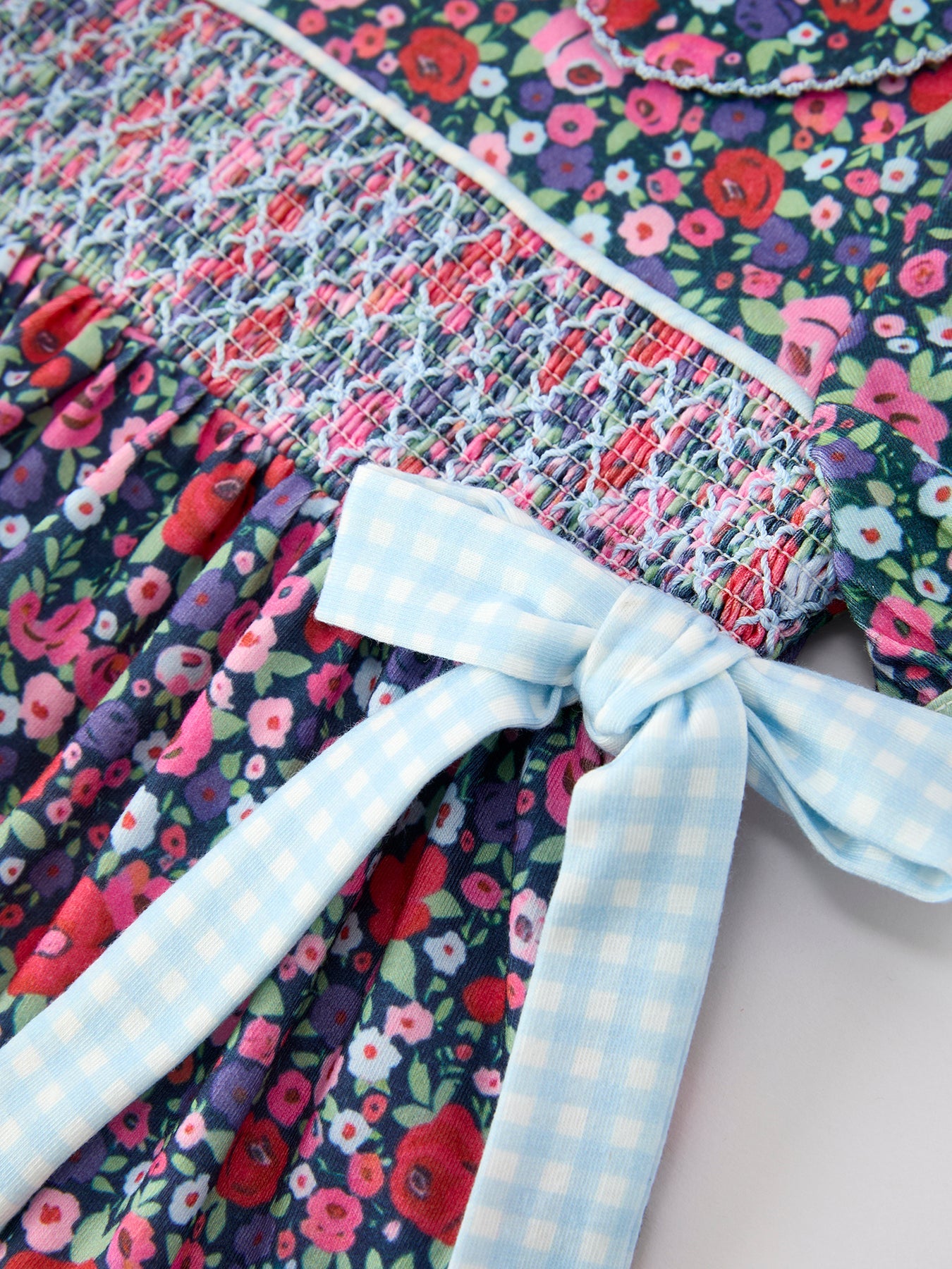 Three Little Tots Blue Bow Floral Smocked Girl Bloomer Set, alternate angle