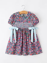 Blue Bow Smocked Floral Girl Dress