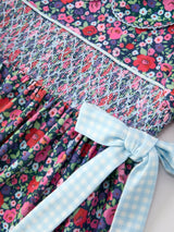 Blue Bow Smocked Floral Girl Dress
