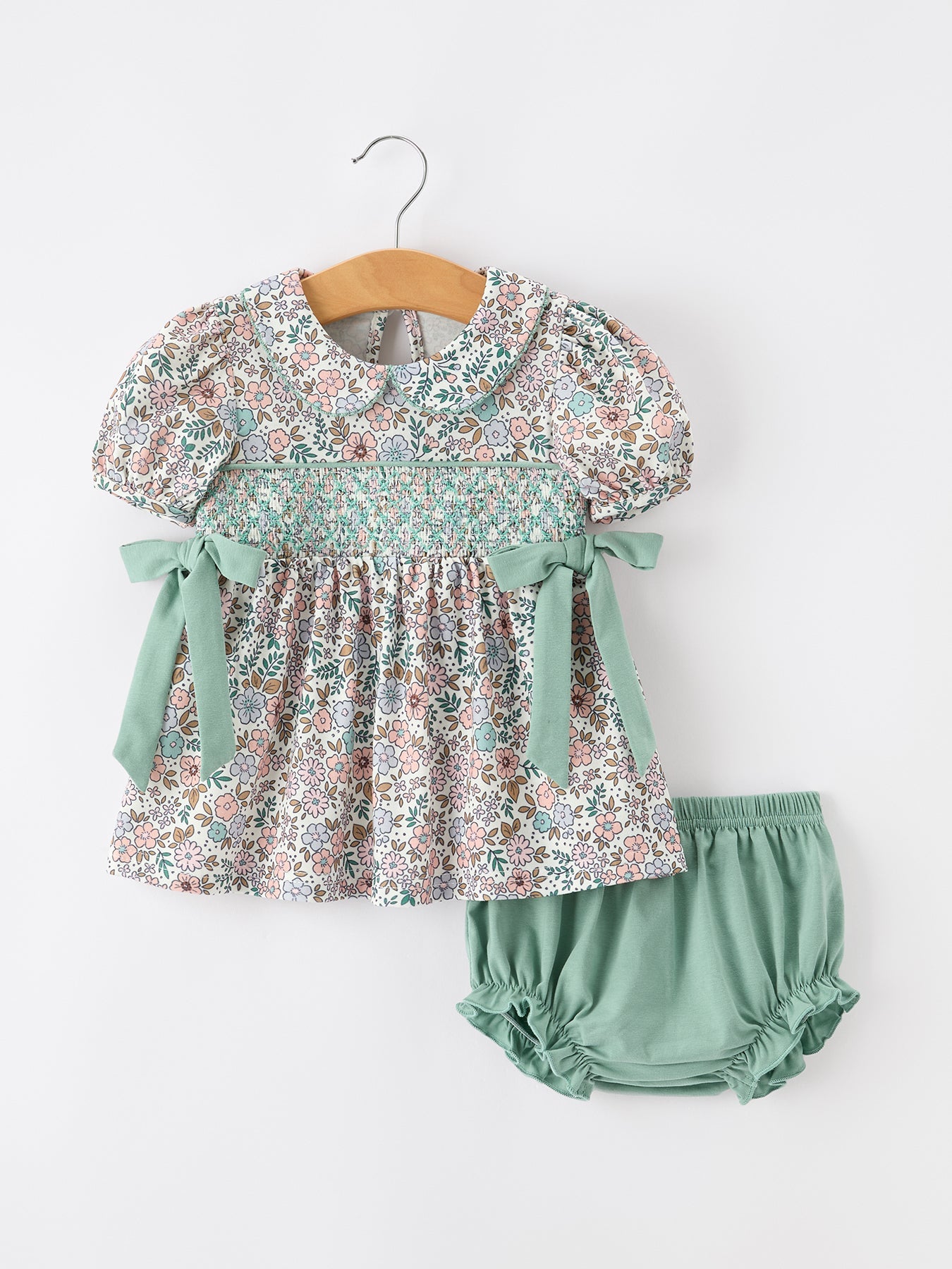 Three Little Tots Sage Green Floral Smocked Girl Bloomer Set