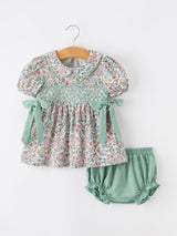 Three Little Tots Sage Green Floral Smocked Girl Bloomer Set