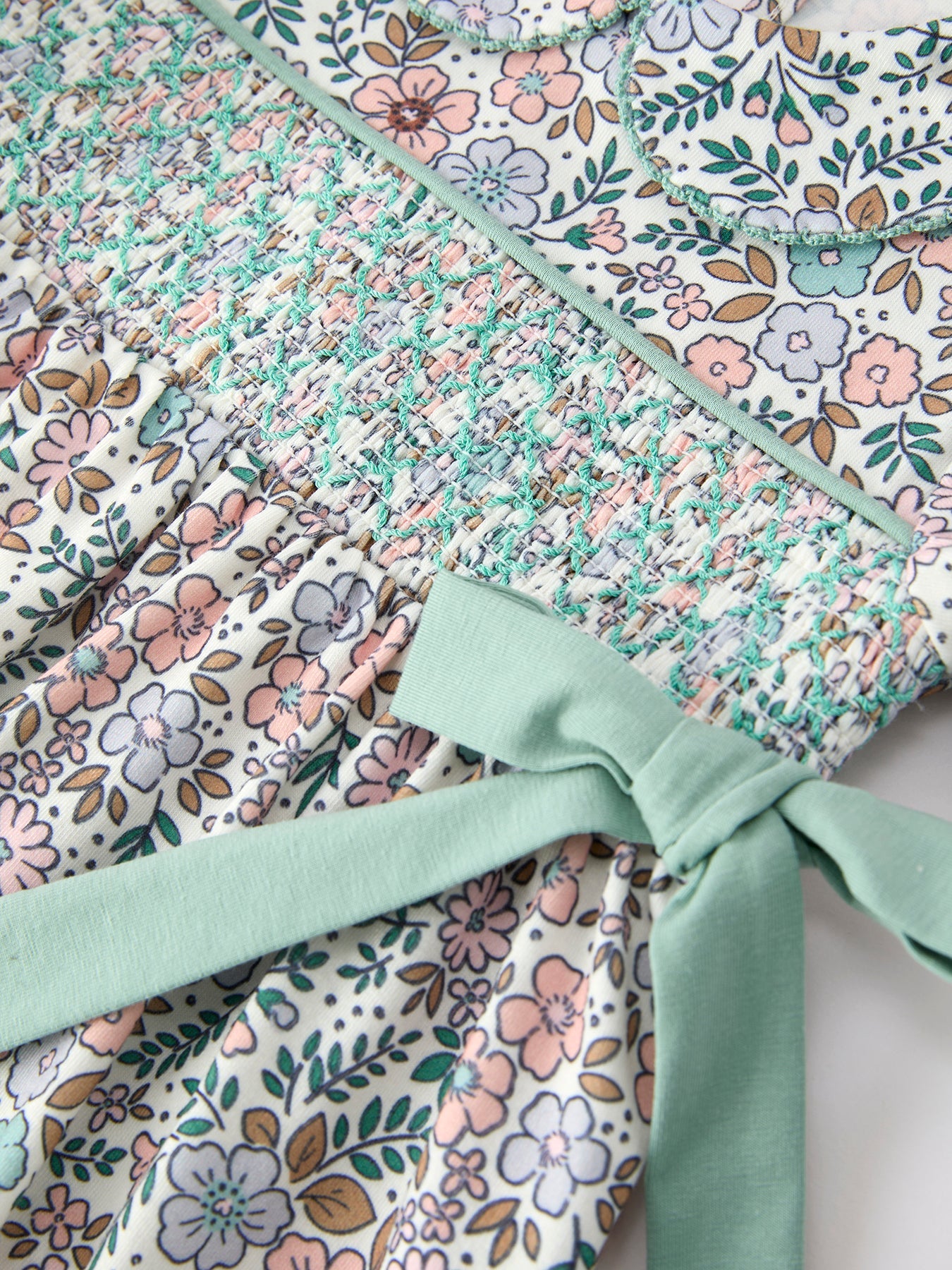 Three Little Tots Sage Green Floral Smocked Girl Bloomer Set, alternate angle