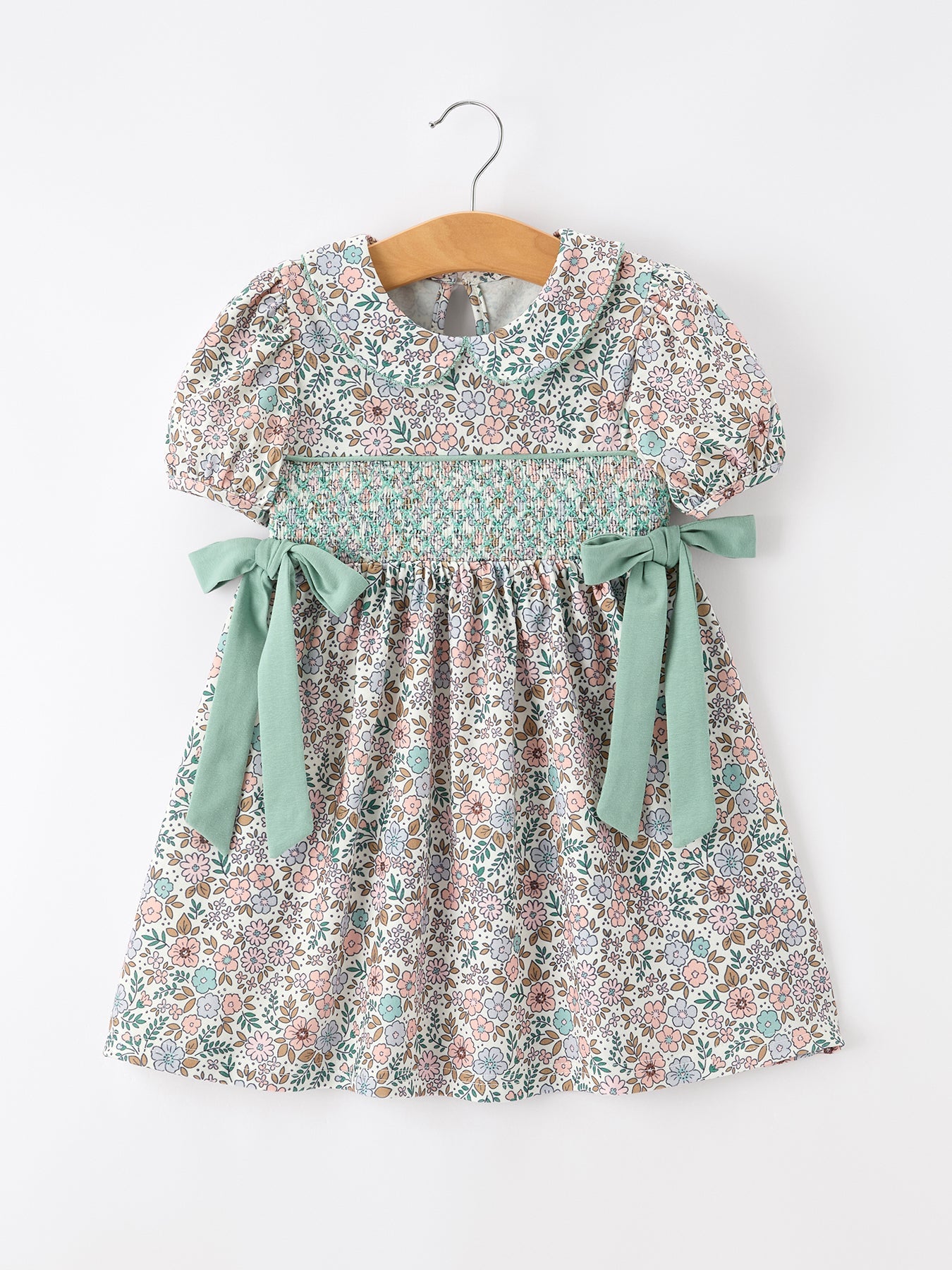 Three Little Tots Sage Green Bow Floral Smocked Girl Dress