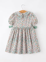 Three Little Tots Sage Green Bow Floral Smocked Girl Dress, additional product photo