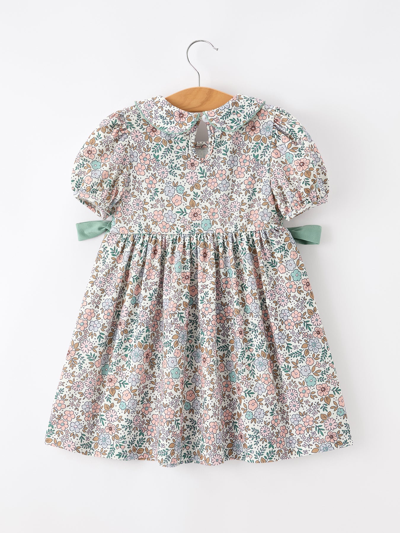 Three Little Tots Sage Green Bow Floral Smocked Girl Dress, additional product photo