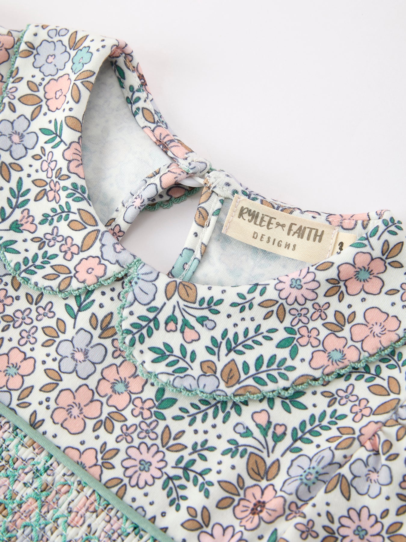 Three Little Tots Sage Green Bow Floral Smocked Girl Dress, extra product detail
