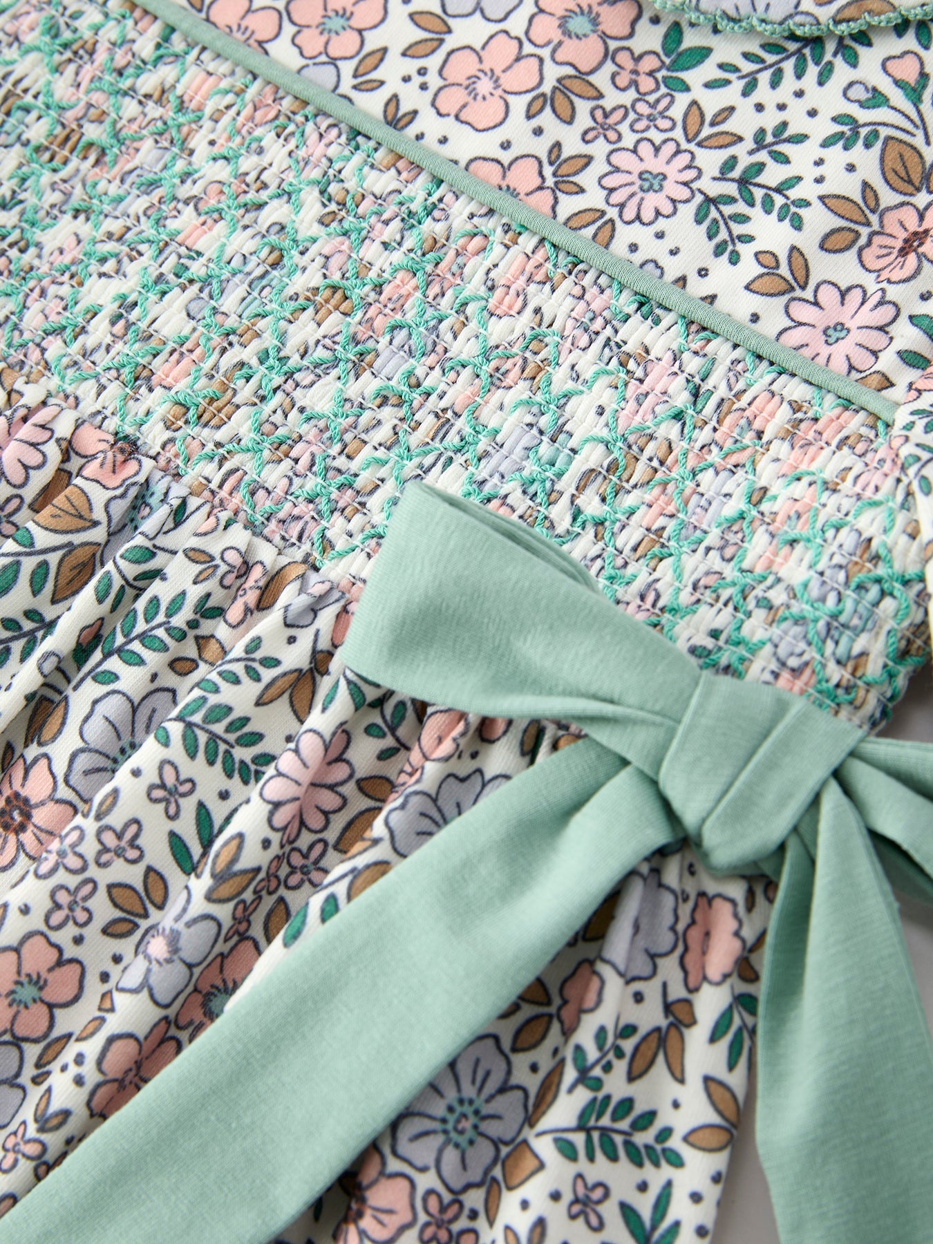 Three Little Tots Sage Green Bow Floral Smocked Girl Dress, alternate angle