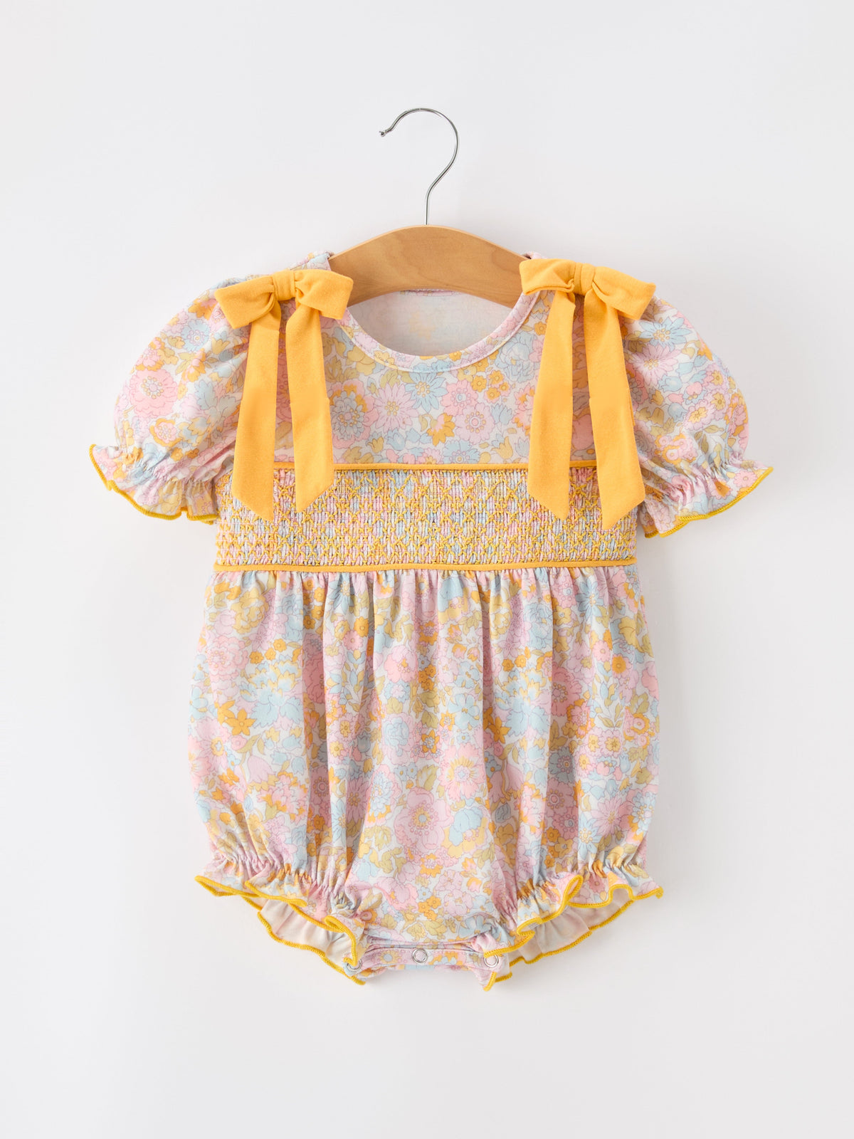 Three Little Tots Yellow Bow Smocked Floral Baby Bubble