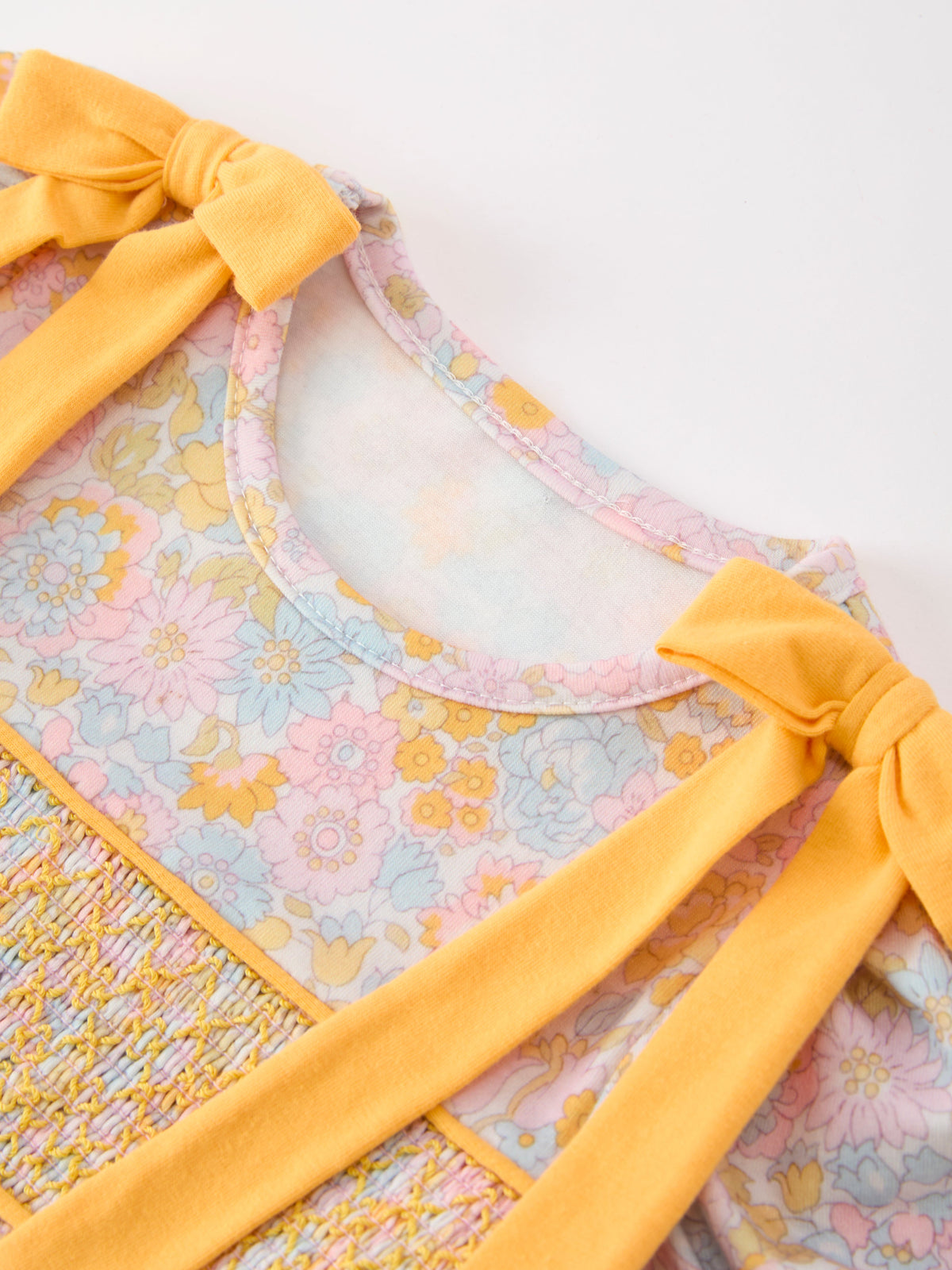 Three Little Tots Yellow Bow Smocked Floral Baby Bubble, alternate angle