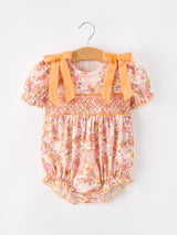 Peach Bow Smocked Floral Baby Bubble
