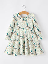 Three Little Tots Girls Duck Print Dress Long Sleeve Twirl Dress