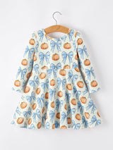 Three Little Tots Halloween Thanksgiving Pumpkin Bow Girls Dress Long Sleeve