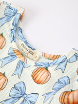Three Little Tots Halloween Thanksgiving Pumpkin Bow Girls Dress Long Sleeve, alternate angle