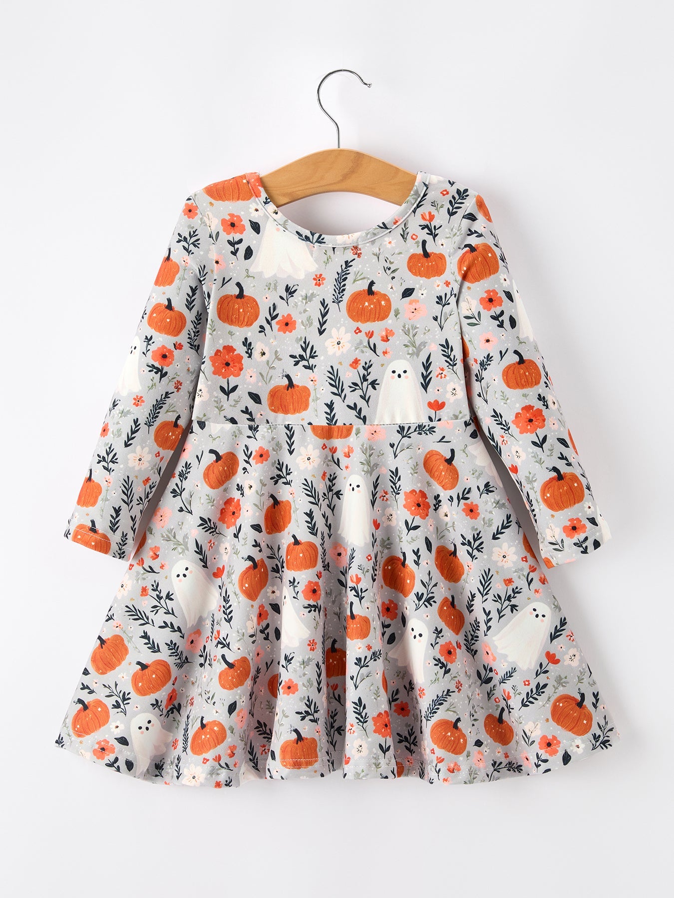 Three Little Tots Halloween Pumpkin Ghost Girls Dress Long Sleeve Twirl Dress, additional product photo