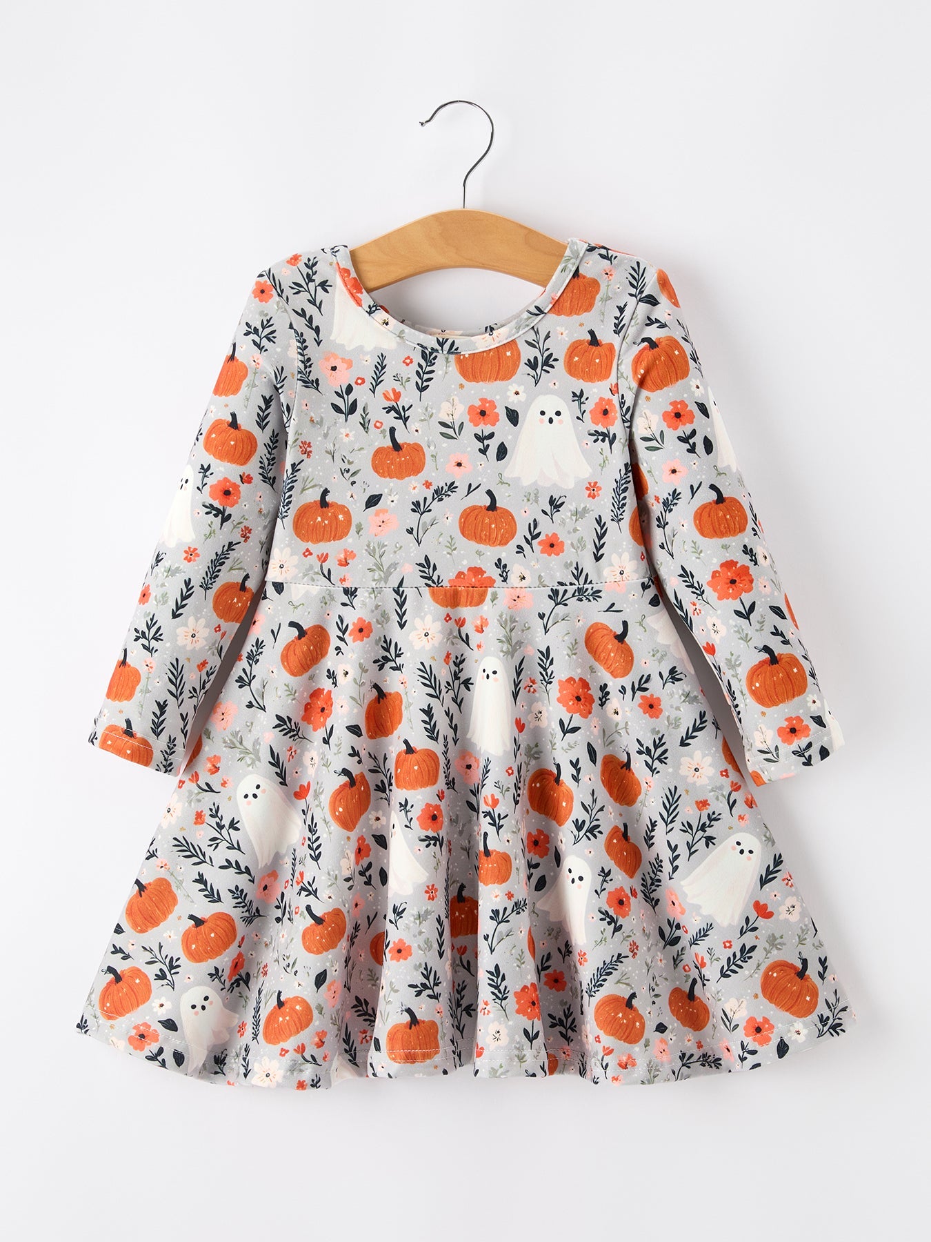 Three Little Tots Halloween Pumpkin Ghost Girls Dress Long Sleeve Twirl Dress