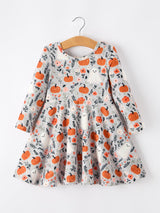 Three Little Tots Halloween Pumpkin Ghost Girls Dress Long Sleeve Twirl Dress