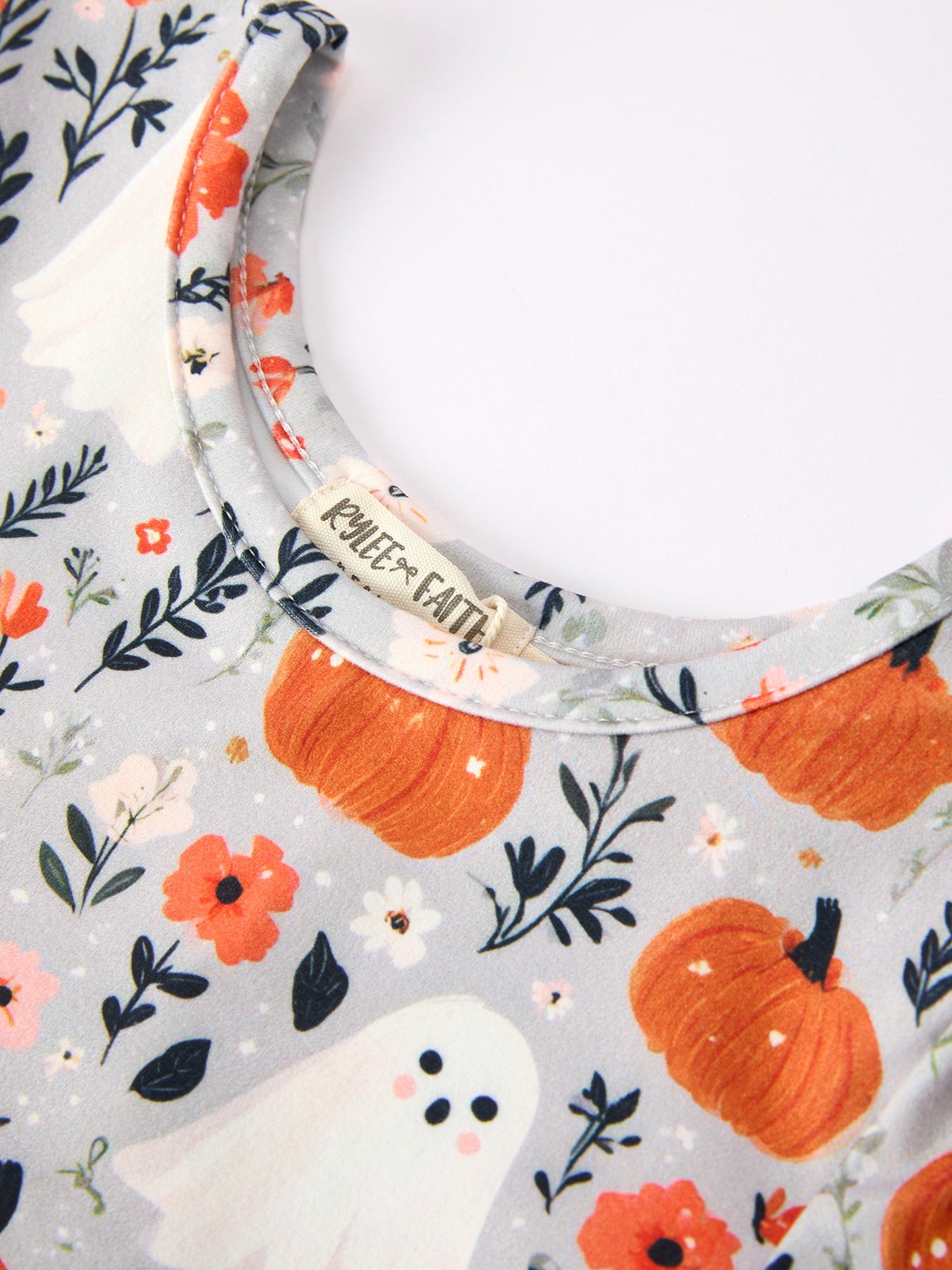 Three Little Tots Halloween Pumpkin Ghost Girls Dress Long Sleeve Twirl Dress, alternate angle