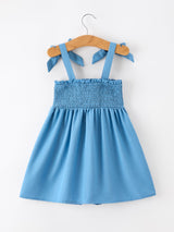 Summer Bow Girls Dress Smocked Strap Dress Bow Applique