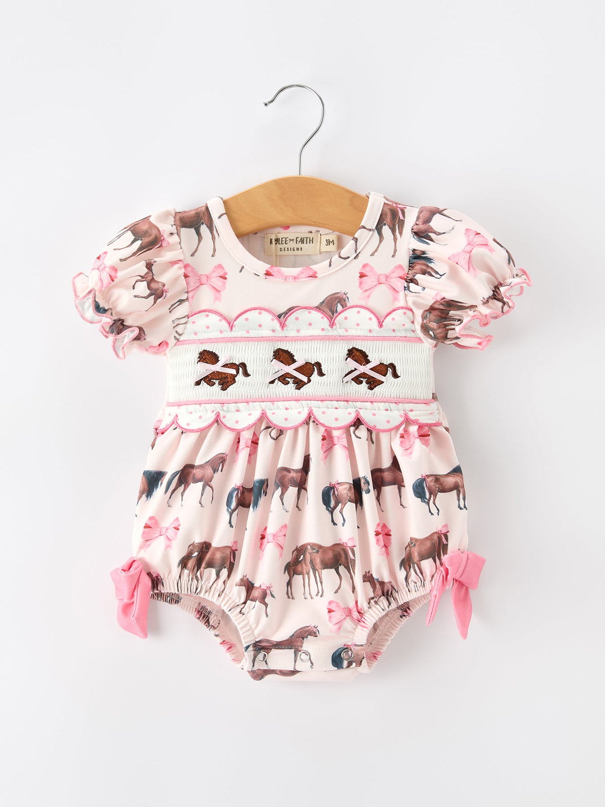 Three Little Tots Western Horse Smocked Girls Romper Bow Ruffle Short Sleeve