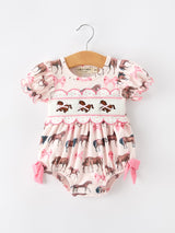 Three Little Tots Western Horse Smocked Girls Romper Bow Ruffle Short Sleeve