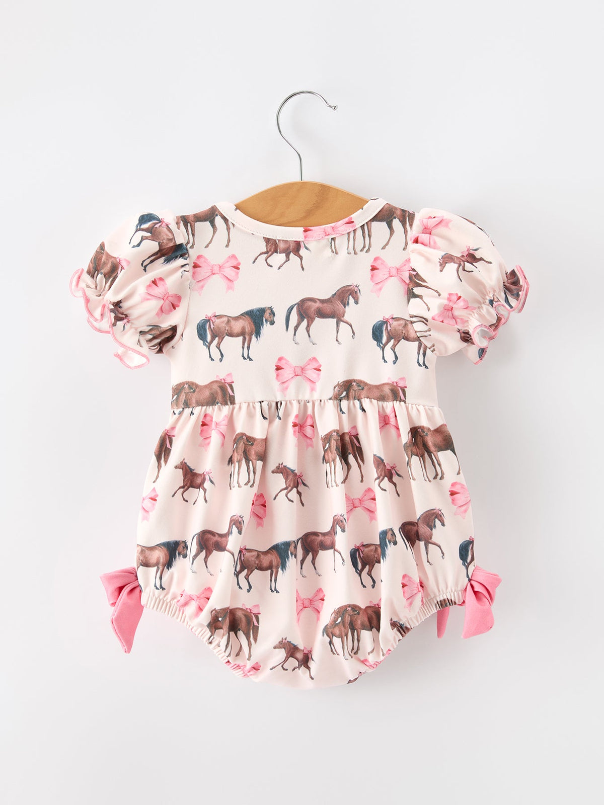 Three Little Tots Western Horse Smocked Girls Romper Bow Ruffle Short Sleeve, additional product photo