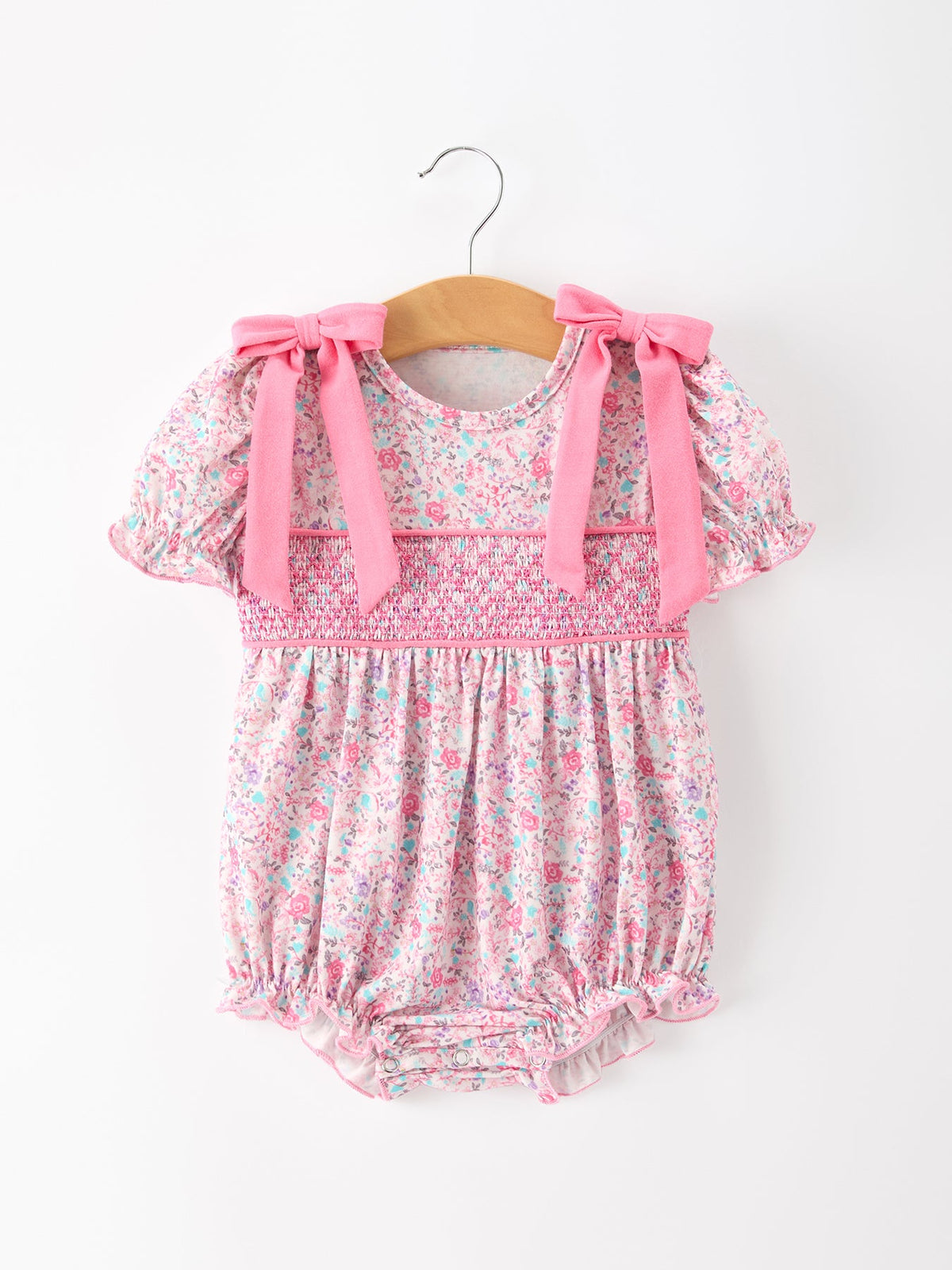 Three Little Tots Pink Bow Smocked Floral Baby Bubble