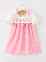 Fall Pink Ballet Embroidery Bow Polka Dot Dress