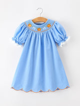 Blue Fall Thanksgiving&Halloween Pumpkin Smock Embroidery Lace Baby Girl Dress