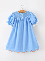 Blue Fall Thanksgiving&Halloween Pumpkin Smock Embroidery Lace Baby Girl Dress