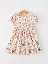 Fall Floral Puff Sleeve Ruffle Girls Dress