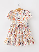 Fall Floral Puff Sleeve Ruffle Girls Dress