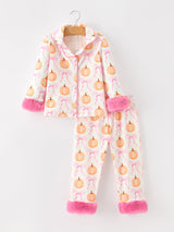 Three Little Tots Halloween Thanksgiving Pumpkin Bow Fur Pajama Set, supplementary photo