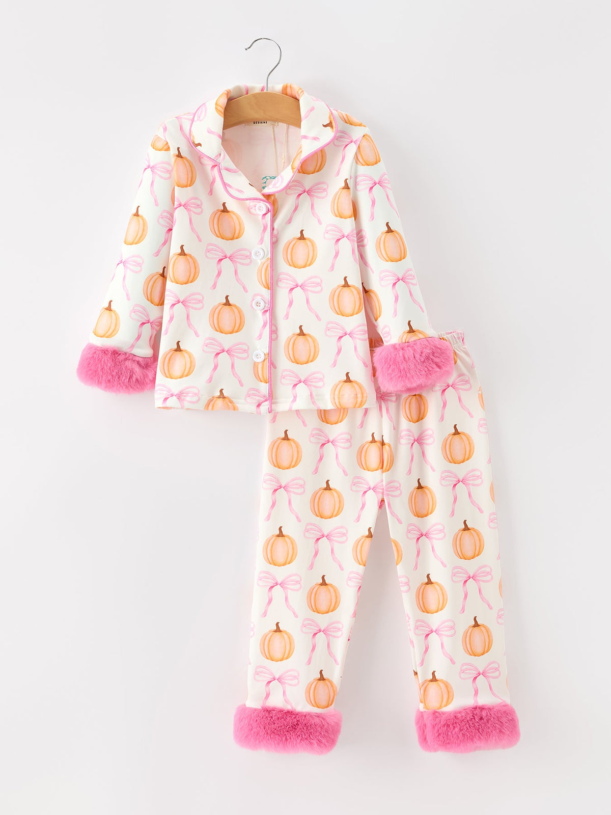 Three Little Tots Halloween Thanksgiving Pumpkin Bow Fur Pajama Set, supplementary photo